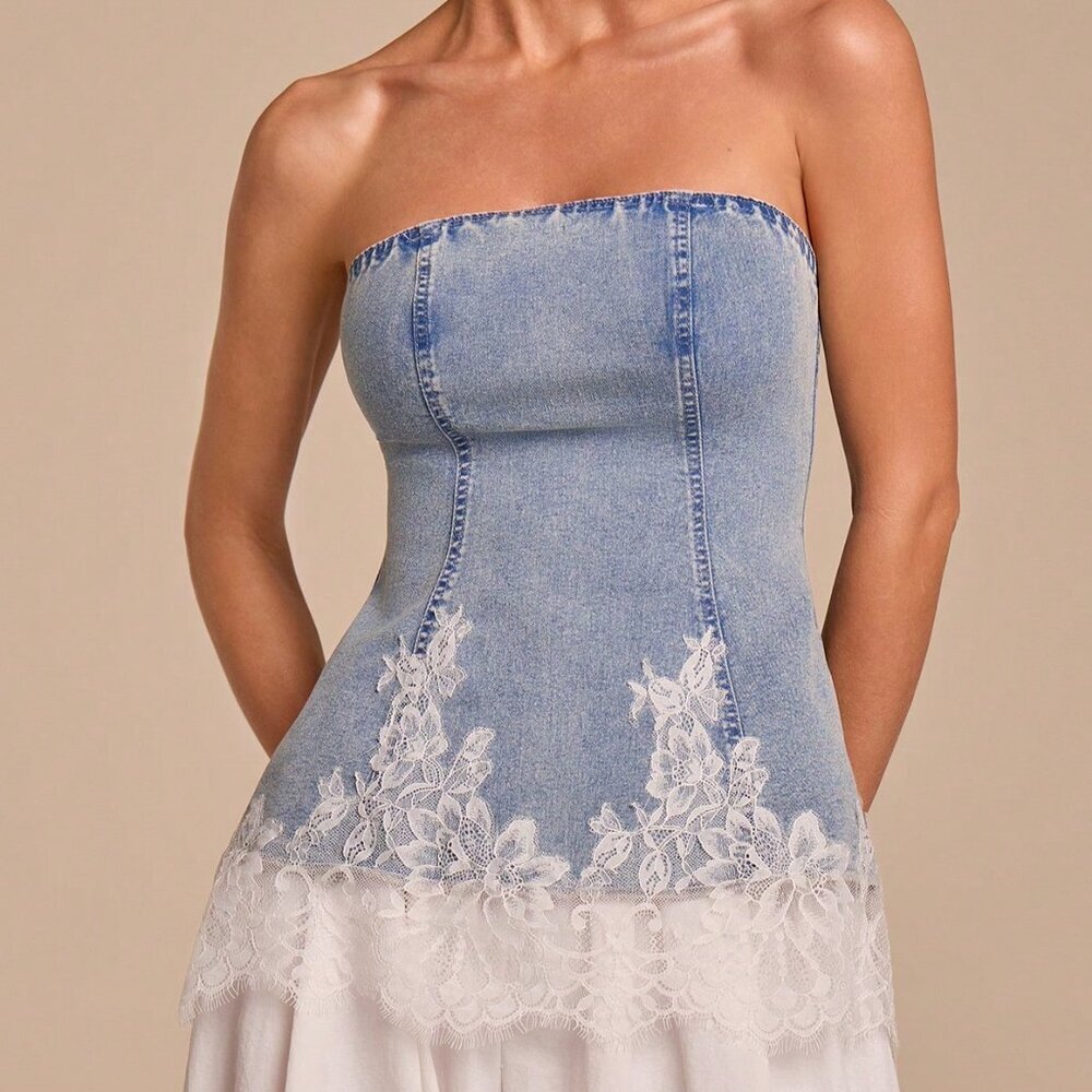 Blue Casual Women's Fitted Bustier with Contrast Lace Top - Picture 1 of 6